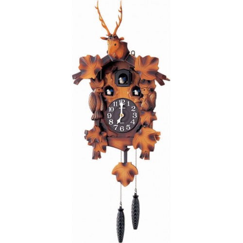 Rhythm Cuckoo Clock Auto Sensor Night Shut-Off, Bird Chirping,with Door,Triple Birds,Deer Head,Pendulum Wooden Case (38.2x77.0x29.0cm,Brown)